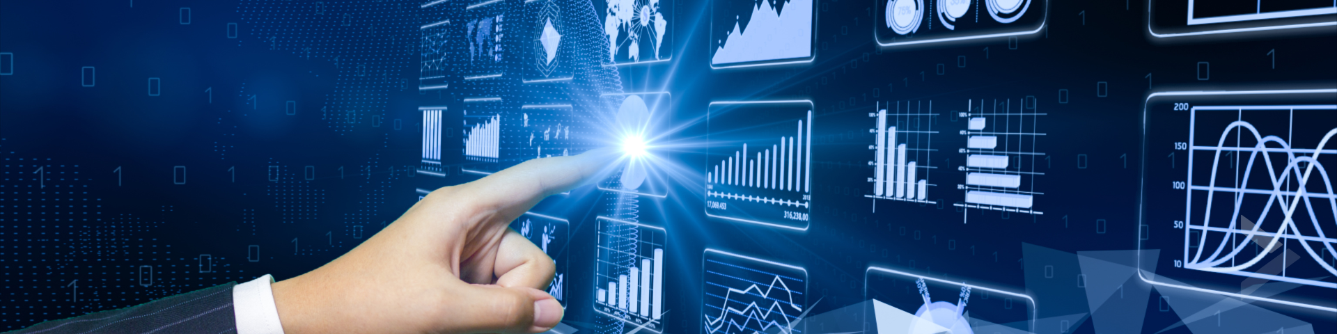 A hand pointing towards a screen with many different graphs