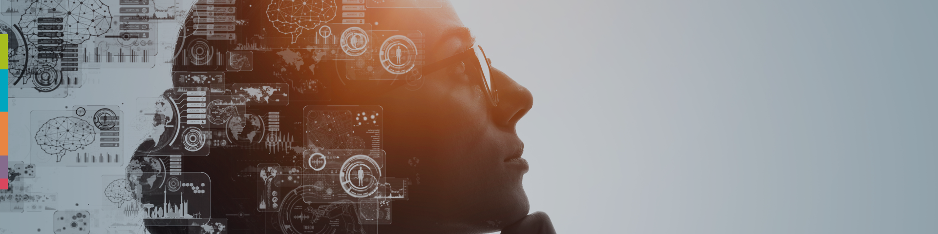 Profile silhouette of a person in glasses with digital graphics overlay, including icons of brain networks, data charts, and world maps, symbolizing technology and innovation. The image transitions from a dense, dark left side filled with data visuals to a light, minimalist right side.