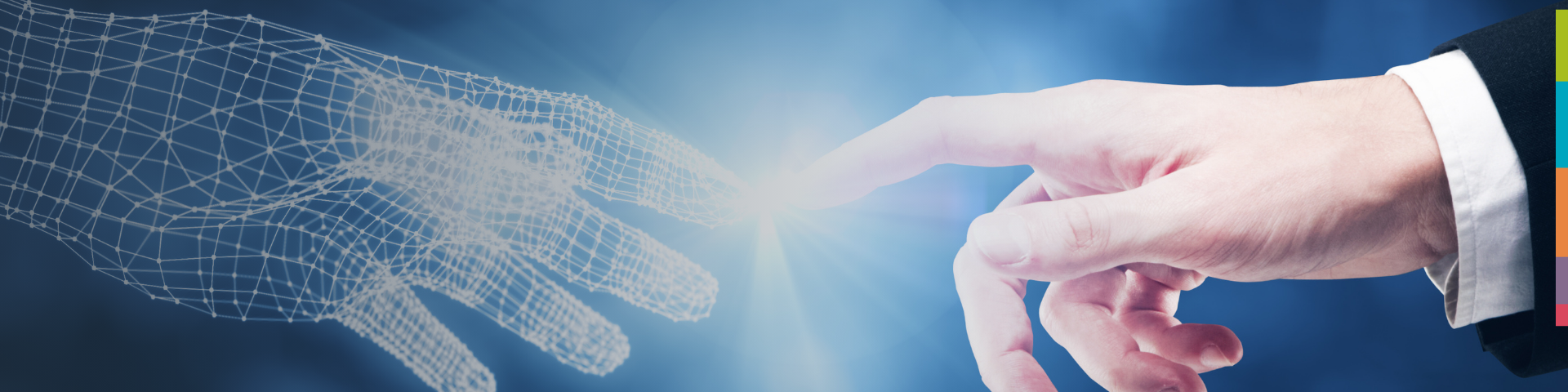 Mechanical AI hand touches human hand to evoke the future workplace