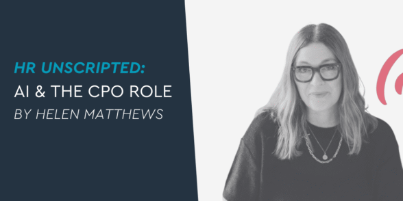 Helen Matthews alongside the article title "AI & the CPO Role" with a microphone graphic symbolising thought leadership in AI and the workplace.