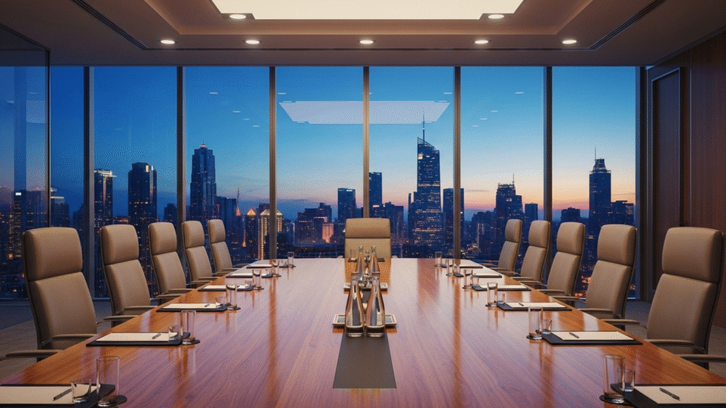 Executive Boardroom with city skyline visible through large glass window 