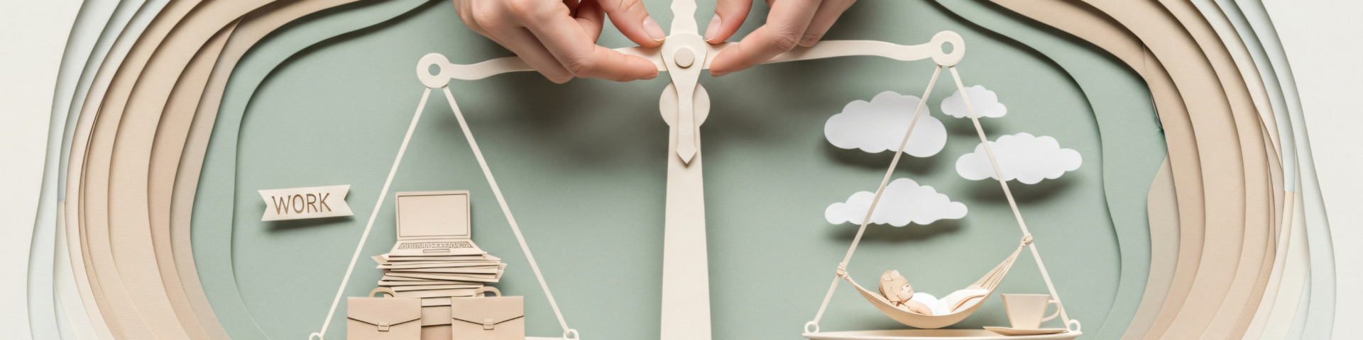 work life balance UK illustration of scales being adjusted by hands, weighing work on one side and life on the other.