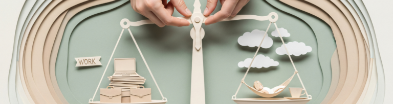 work life balance UK illustration of scales being adjusted by hands, weighing work on one side and life on the other.