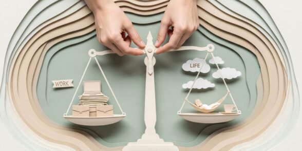 work life balance illustration of scales being adjusted by hands, weighing work on one side and life on the other.