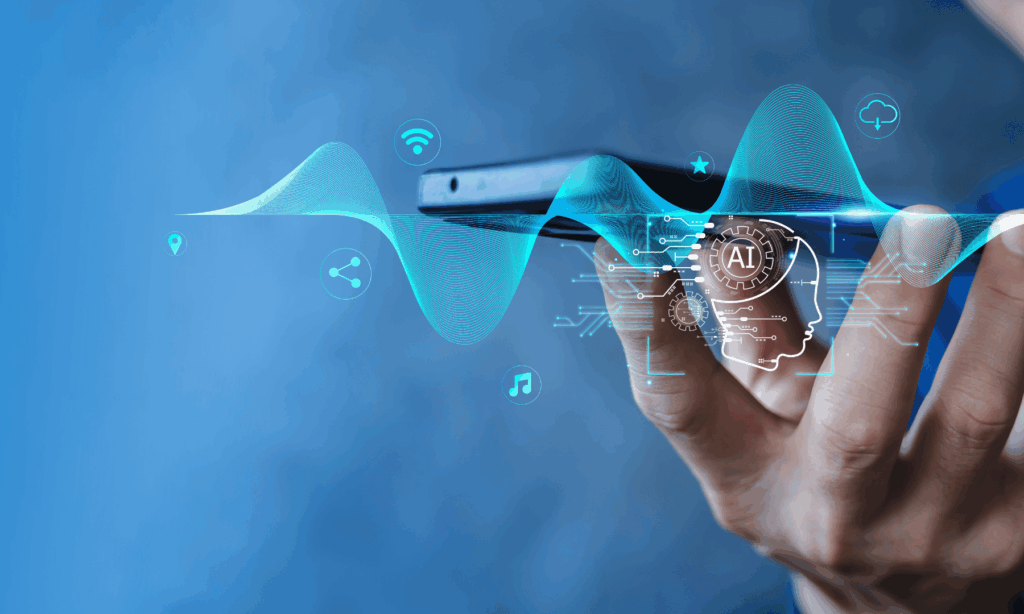 AI Executive Assistant: Close up mobile phone in palm of hand